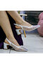 Stoned Tulle Slingback Women's Thick Heeled Evening Dress Shoes