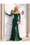 Emerald Stone Detailed Slit Satin Evening Dress 583404 - 7