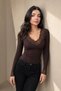 Women's Bitter Coffee Lace Detailed V-Neck Camisole Blouse - Long Sleeve Ribbed Stylish Body Blouse - 4