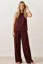 Burgundy Thick Strap Blouse Elastic Waist Pants Woven Modal Top-Bottom Set 8051 - 3