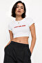 Eazy Women's White Slogan Printed Crop T-Shirt Crew Neck Short Sleeve Cotton Crop Top - 2