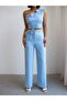 Women's Blue One-Shoulder Floral Detailed Crop-Pants Set Nh26127