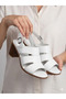 Genuine Leather White 6 cm Thick Heeled Women's Sandals - 5
