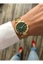 Roman Numeral Bezel Green Dial Stone Detailed Gold Metal Strap Women's Wristwatch