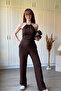 Halter Neck Asymmetrical Brown Trouser Suit with Gold Accessories - 5