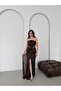 Brown Strapless Waist Detailed Sequined Evening Dress - 5