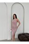 Powder Glitter Draped Halter Neck Midi Evening Dress - 5