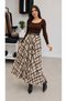 Women's Lace Plaid Patterned Long Skirt with Elastic Waist Belt Detail, Brown Ecru - 2