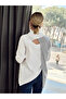 Women's White Striped Panel Detailed Cotton Oversize Shirt with Low Back Cutout Blouse - 6