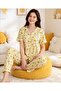 Heart Pattern Yellow Color Shirt Collar Buttoned Short Sleeve Milan Fabric Women's Pajama Set - 5