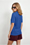 Women's Cobalt Blue Viscose Polo Collar Openwork Draped Knitwear Blouse Blz-19003363 - 5