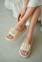 Vanelis Thick Heel Women's Slippers with Bow and Gold Accessory Detail - Ecru