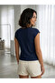 Women's Navy Blue V-Neck Low Sleeve Viscose Elastane Blouse Thsirt - 4