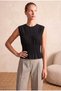 Women's Black Jacquard 100% Cotton Crew Neck Sleeveless Gipeli Waist Ruffle Detailed Blouse Mara