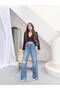 Women's High Waist Wide Leg Knee Ripped Detailed Tassel Hem Blue Jean Trousers - 4