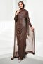 Brown Capelet Evening Dress with Drawstring Front and Stones