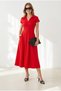 Women's Red Polo Collar Pocketed Pleated Flowy Dress Elb-19002674