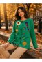 Spring Flower Green Color Special Design Hand Knitted Bohemian Jacket with Floral Applique and Pocket Detail - 6