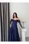 Navy Blue Boat Neck Underwire Lace Detailed Long Evening Dress - 5