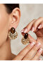 Brown Oval Stone and Gold Color Forged Pattern Metal Earrings - 2