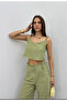 Women's Beaded Detailed Linen Strap Crop Pants Set - 2