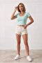Women's Mint Color U-Neck Lycra Plain Basic Short Sleeve Crop Blouse - 3