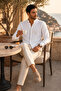 Hakim Collar Black Stitching Detailed Long Sleeve Men's Shirt White - 4
