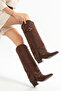 Brown Matte Suede Trok Detail Buckle Western Boots - 5