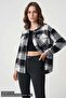Women's Double Pocket Oversize Plaid Patterned Cotton Black Shirt - 3