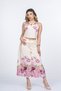 Women's Summer Pink Neck Tie Flower Patterned Crop Blouse and Pleated Midi Skirt Set Stylish Daily Casual Two-Piece 1313 - 4