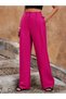 Women's Fuchsia Color Aerobin Fabric High Waist Wide Leg Summer Woven Trousers - 6