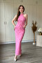 Neck Tie Jacquard Tulle Midi Pink Dress - 6