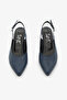 Navy Blue Genuine Leather Open Back Pointed Toe Short Heeled Women's Stiletto - 6
