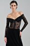 Women's Long Sleeve Off-Shoulder Flock Print Tulle Detailed Design Corset - 5