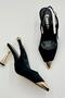 Metal Accessory Detailed Gold Heeled Shoes Stiletto Black Satin - 4