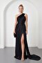 Women's Black Asymmetrical Collar Slit Long Evening Dress