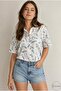 Women's Mini Green Blue Crispy Floral Look and Embroidered Bat Short Sleeve Oversize Shirt with Buttons - 8