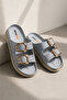Gray Stylish Stone Detailed Women's Slippers with Double Buckle Comfortable Lightweight Orthopedic Sole E-490 - 2