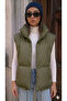 Women's Khaki Stand-Up Collar Buttoned Inflatable Vest with Drawstring at the Bottom - 3