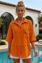 Orange Shirt Collar 3/4 Sleeve Buttoned Pocket Embroidered Star Appliqué Casual Cotton Woven Shirt 75 65