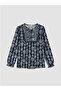 Navy Blue Tie Collar Patterned Blouse - 3