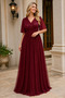 Women's Double Breasted Collar Short Sleeve Tulle Sleeve Lycra Stretchy Glitter Lined Long Burgundy Evening Dress - 8