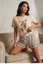 Cute Lion Figure Printed Waistband with Elastic Lettering Detail Short Sleeve Shorts Pajama Set