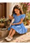 Girl's Blue Bow Patterned Ruffle Sleeve Cotton Summer Casual Dress - 4