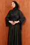Black Waist Belted Patterned Satin Evening Dress - 2