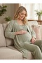 New Season Green Summer Design with Easy Breastfeeding Feature, Short Sleeve Woven Maternity Pajama Set, 3-Piece Set - 2