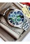 Functions Active, Silver Steel Cord in Stylish Box, Green Dial, Men's Wristwatch with Calendar + Chain Bracelet - 2