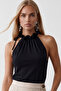 Women's Black Gathered Neck Detailed Sleeveless Woven Premium Blouse Alc-X6694 - 3