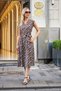 Women's Voile V-Neck Off-Shoulder Gathered Waist Lace-Up Midi Length Dress-Coffee Flower - 2