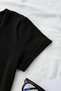 Button Black Snap Fastener Round Neck Ribbed Embroidered Lycra Body-Fitting Premium Short Sleeve Blouse - 5